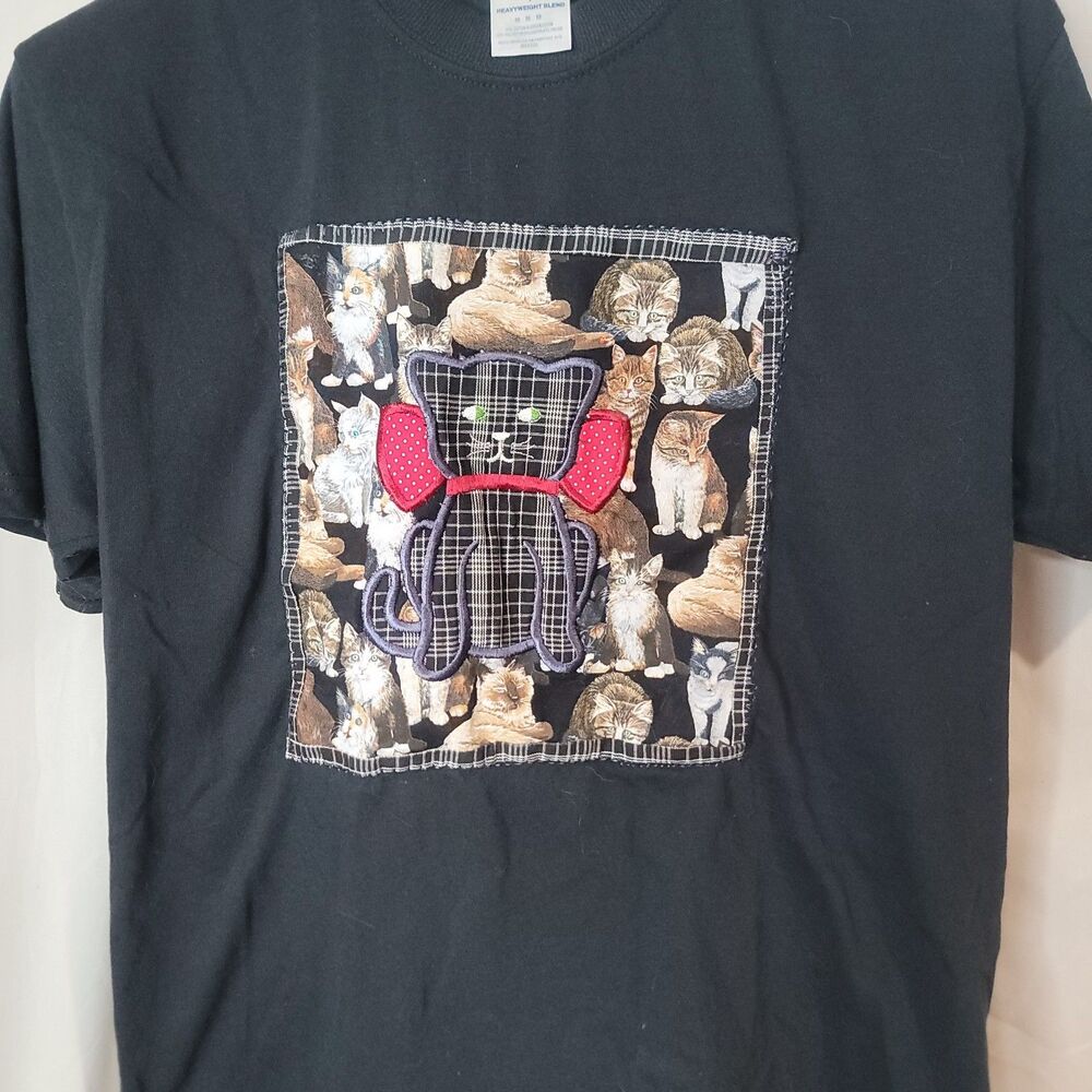 VTG Handmade Cat Shirt Medium Black Patchwork Applique Kitty Tee Jerzees Artisan